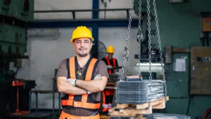 Pracownik w kasku i kamizelce odblaskowej przy ładunku metalowych płyt zawieszonym na łańcuchach w hali